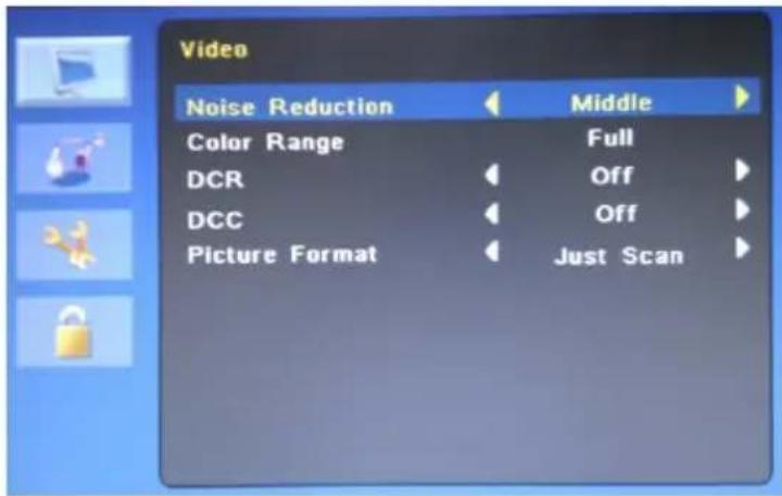 Video Noise Reduction Middle Color Range Full DCR Off DCC Off Picture Format Just Scan
