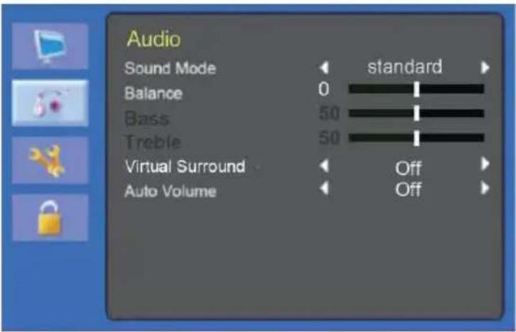 Audio Sound Mode Balance Bass Treble Virtual Surround Auto Volume standard 0 50 50 Off Off