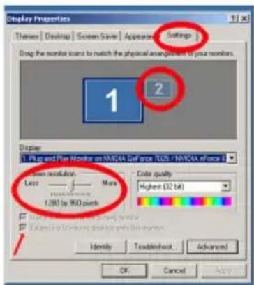 Display Properties Themes | Desktop | Screen Saver | Appearance | Settings | Drag the monitor scans to match the physical arrangement of your monitors. 1 2 Display: 1. Plug and Plan Monitor on NVIDIA Golf once 7025 / NVIDIA offoca II Screen resolution: More Less: 1280 bp 950 pixels Color quality: Highest (32 bit) ✓ Display to screen or screen with any other symbols ✓ Remove Windows desktops with this symbol Identity Touchsheet Advanced OK Cancel Apply