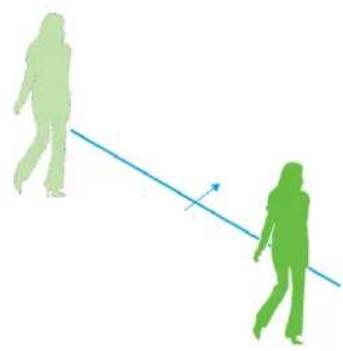 Two human silhouettes walking with a blue arrow indicating direction (no text or symbols)