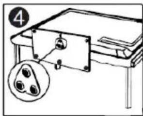 Diagram of a table with labeled components and an inset showing three triangular connectors, likely illustrating electrical or mechanical assembly.