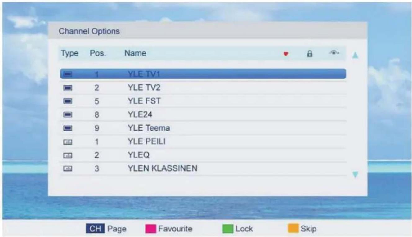 Channel Options Type Pos. Name 1 YLE TV1 2 YLE TV2 5 YLE FST 8 YLE24 9 YLE Teema 1 YLE PEILI 2 YLEQ 3 YLEN KLASSINEN CH Page Favourite Lock Skip