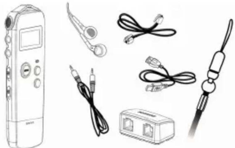 Illustration of various electronic devices including a digital recording device, earphones, cables, and a connector (no text or symbols present)