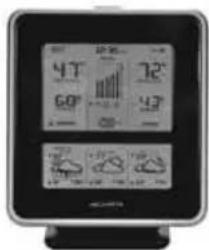 Weather monitor displaying daily weather data with icons for temperature, humidity, and cloud services