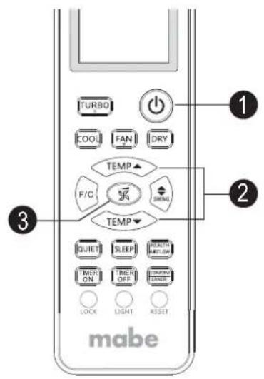 TURBO COOL FAN DRY TEMP F/C TEMP QUICKY SLEEP HEALTH ON ON ON OFF ON LOCK LIGHT RESET mabe