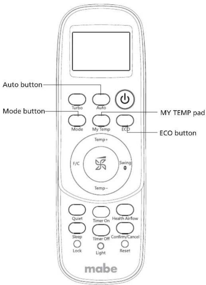Auto button Mode button Turbo Auto Mode My Temp ECD Temp+ F/C Swing Temp- Quiet Timer On Health Airflow Sleep Timer Off Confirm/Cancel Lock Light Reset my TEMP pad ECO button mabe