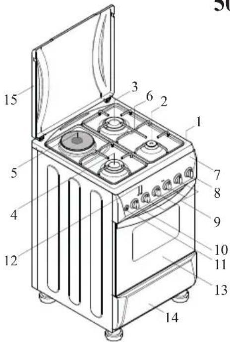 Labeled diagram of a 14-inch electric stove with numbered components for identification.
