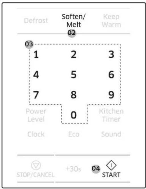 Defrost Soften/ Melt Keep Warm 02 03 1 2 3 4 5 6 7 8 9 Power Level 0 Kitchen Timer Clock Eco Sound STOP/CANCEL +30s 04 START