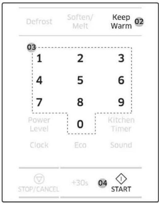 Defrost Soften/ Melt Keep Warm 02 03 1 2 3 4 5 6 7 8 9 Power Level 0 Kitchen Timer Clock Eco Sound STOP/CANCEL +30s 04 START