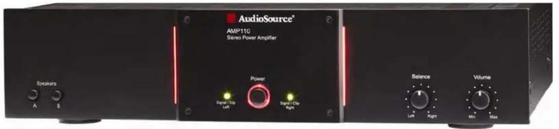 AudioSource® AMP110 Stereo Power Amplifier Speakers A B Power Signal/Clip Left Signal/Clip Right Balance Volume Left Right Min Max