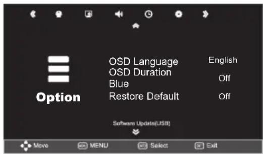 Option OSD Language OSD Duration Blue Restore Default English Off Off Software Update(USB) Move MENU Select Exit