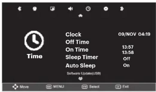 Clock 09/NOV 04:19 Off Time 13:57 On Time 13:58 Sleep Timer Off Auto Sleep On Time Software Update(USB) Move MENU Select Exit