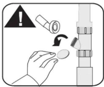 Safety warning illustration showing hand holding a screwdriver with warning symbol and circular arrow indicating rotation