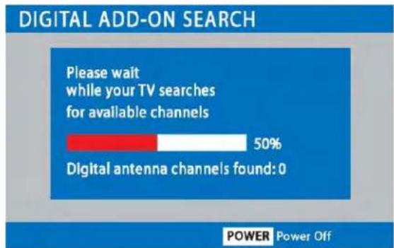 DIGITAL ADD-ON SEARCH Please wait while your TV searches for available channels 50% Digital antenna channels found: 0 POWER Power Off