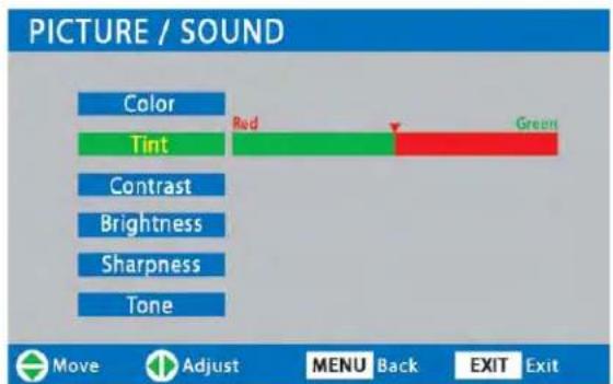 PICTURE / SOUND Color Tint Contrast Brightness Sharpness Tone Red Green Move Adjust MENU Back EXIT Exit