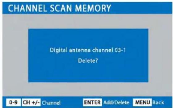 CHANNEL SCAN MEMORY Digital antenna channel 03-1 Delete? 0-9 CH +/- Channel ENTER Add/Delete MENU Back