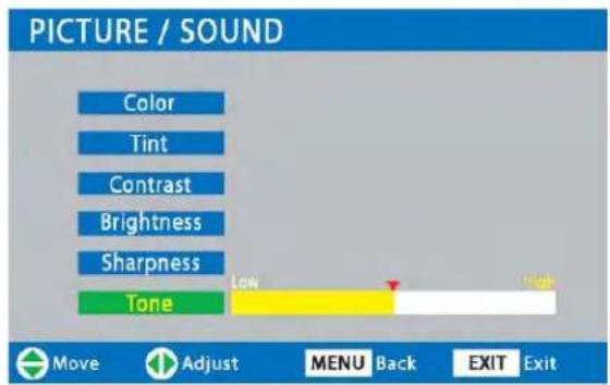 PICTURE / SOUND Color Tint Contrast Brightness Sharpness Tone Low High Move Adjust MENU Back EXIT Exit