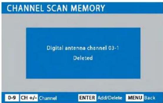 CHANNEL SCAN MEMORY Digital antenna channel 03-1 Deleted 0-9 CH +/- Channel ENTER Add/Delete MENU Back