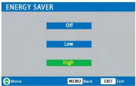 ENERGY SAVER Off Low High Move MENU Back EXIT Exit