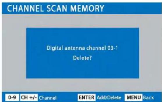 CHANNEL SCAN MEMORY Digital antenna channel 03-1 Delete? 0-9 CH +/- Channel ENTER Add/Delete MENU Back