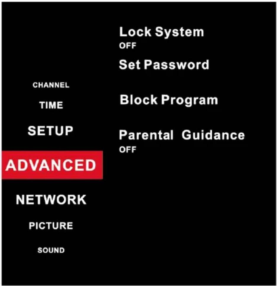 Lock System OFF Set Password CHANNEL TIME Block Program SETUP Parental Guidance OFF ADVANCED NETWORK PICTURE SOUND