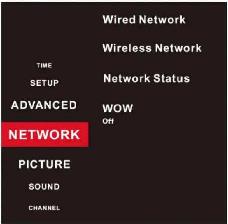 Wired Network Wireless Network TIME SETUP Network Status ADVANCED WOW Off NETWORK PICTURE SOUND CHANNEL