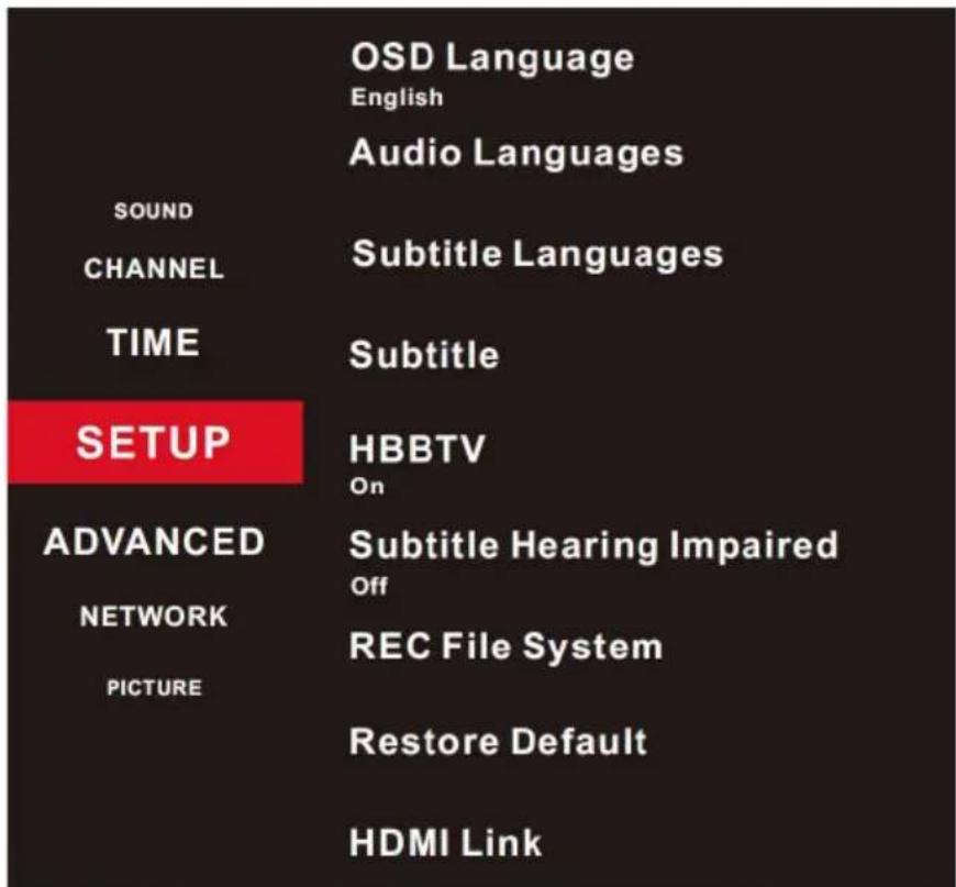 OSD Language English Audio Languages SOUND CHANNEL Subtitle Languages TIME Subtitle SETUP HBBTV On ADVANCED Subtitle Hearing Impaired Off NETWORK REC File System PICTURE Restore Default HDMI Link