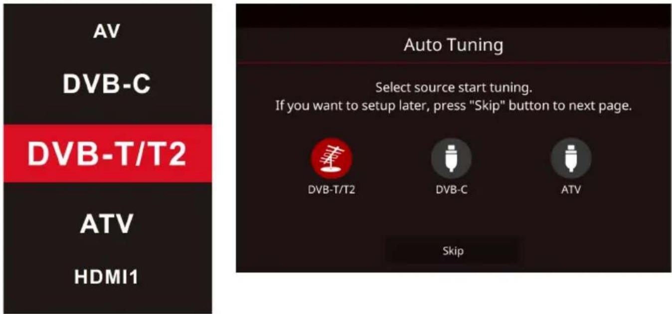 AV DVB-C DVB-T/T2 ATV HDMI1 Auto Tuning Select source start tuning. If you want to setup later, press "Skip" button to next page. DVB-T/T2 DVB-C ATV Skip