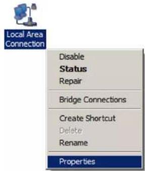 Local Area Connection Disable Status Repair Bridge Connections Create Shortcut Delete Rename Properties