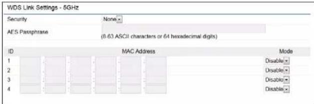 WDS Link Settings - 5GHz Security None AES Passphrase (0.63 ASCII characters or 64 hexadecimal digits) ID MAC Address Mode 1 Disable - 2 Disable - 3 Disable - 4 Disable -