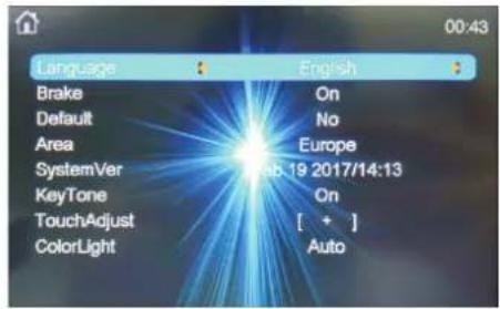 Language Brake Default Area SystemVer KeyTone TouchAdjust ColorLight English On No Europe Lab 19 2017/14:13 On [ + ] Auto