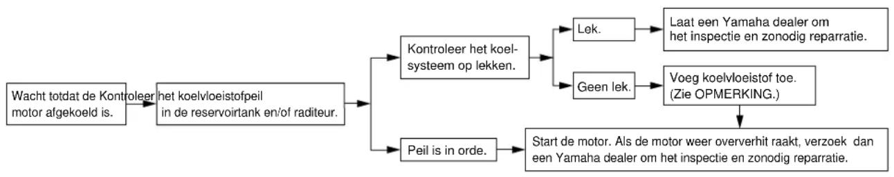 graph TD A["Wacht totdat de Kontroleer motor afgekoeld is."] --> B["het koelvloeistofpeil in de reservoirtank en/of raditeur."] B --> C["Kontroleer het koel-systeem op lekken."] B --> D["Peil is in orde."] C --> E["Lek."] C --> F["Geen lek."] E --> G["Laat een Yamaha dealer om het inspectie en zonod…
