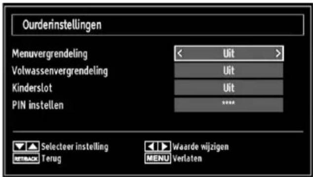 Ourderinstellingen Menuvergrendeling Volvassenvergrendeling Kinderslot PIN instellen Uit Uit Uit **** Selecteer instelling Terug Waarde wijzigen MENU Verlaten