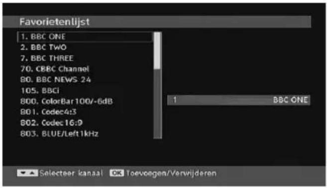 Favorietenlijst 1. BBC ONE 2. BBC Two 7. BBC THREE 70. CBBC Channel 80. BBC NEWS 24 105. BBCi 800. ColorBar 100/-6dB 801. Codec4:3 802. Codec16:9 803. BLUE/Left 1kHz 1 BBC ONE Selecteer kanaal OK Toevogen/Verwijderen