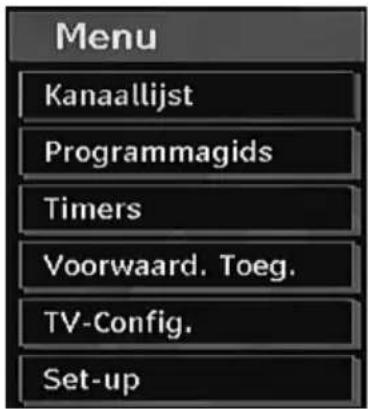 Menu Kanaallijst Programmagids Timers Voorwaard. Toeg. TV-Config. Set-up