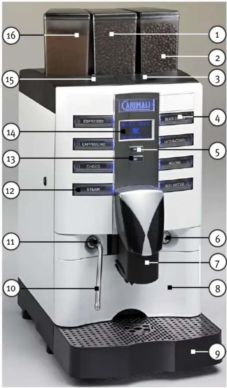 16 15 14 13 12 11 10 CARIMALI ESpresso CAPPUCCINO CHOCO STEAM BLACK CHAPES TIN LATE MACQUIDU NOCHA HOT WATER 6 7 8 9