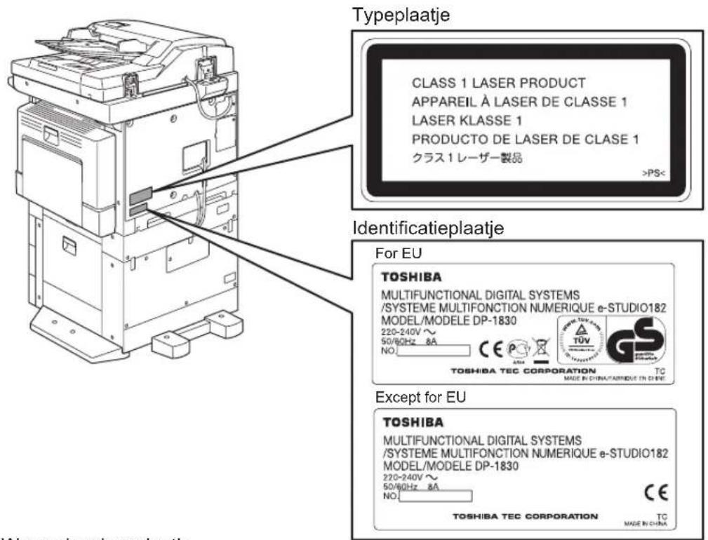 Typeplaatje CLASS 1 LASER PRODUCT APPAREIL À LASER DE CLASSE 1 LASER KLASSE 1 PRODUCTO DE LASER DE CLASE 1 クラス 1 レーザー製品 >PS< Identificatieplaatje For EU TOSHIBA MULTIFUNCTIONAL DIGITAL SYSTEMS /SYSTEME MULTIFONCTION NUMERIQUE e-STUDIO182 MODEL/MODELE DP-1830 220-240V ~ 50/60Hz 8A NO: CE TOSHIBA TEC CORPORATION TC Made IN CHINA/TAFRIOUE EN CHINE Except for EU TOSHIBA MULTIFUNCTIONAL DIGITAL SYSTEMS /SYSTEME MULTIFONCTION NUMERIQUE e-STUDIO182 MODEL/MODELE DP-1830 220-240V ~ 50/60Hz 8A NO: CE TOSHIBA TEC CORPORATION TC Made IN CHINA