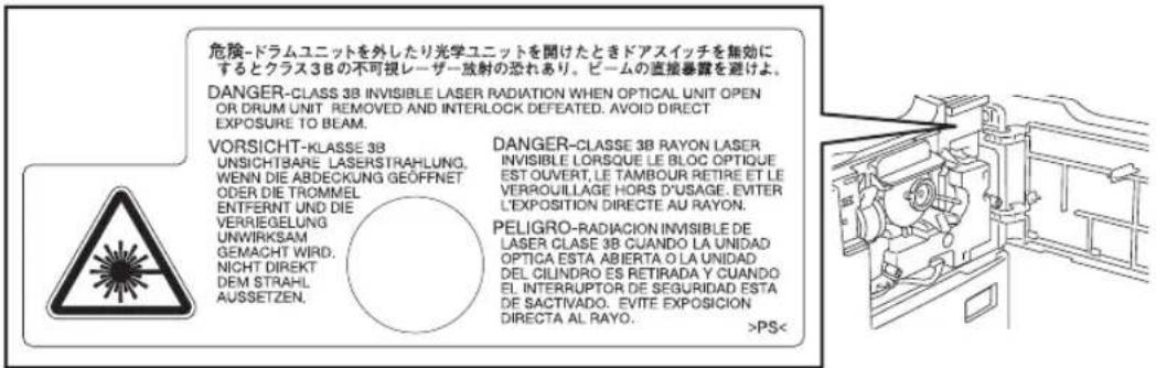 危険-ドラムユニットを外したり光学ユニットを開けたときドアスイッチを無効に するとクラス3Bの不可視レーザー放射の恐れあり。ビームの直接暴露を避けよ。 DANGER-CLASS 3B INVISIBLE LASER RADIATION WHEN OPTICAL UNIT OPEN OR DRUM UNIT REMOVED AND INTERLOCK DEFEATED. AVOID DIRECT EXPOSURE TO BEAM. VORSICHT-KLASSE 3B UNSICHTBARE LASERSTRAHLUNG, WENN DIE ABDECKUNG GEÖFFNET ODER DIE TROMMEL ENTFERNT UND DIE VERRIEGELUNG UNWIRKSAM GEMACHT WIRD. NICHT DIRECT DEM STRAHL AUSSETZEN. DANGER-CLASSE 3B RAYON LASER INVISIBLE LORSQUE LE BLOC OPTIQUE EST OUVERT, LE TAMBOUR RETIRE ET LE VERROUILLAGE HOPS D'USAGE. EVITER L'EXPOSITION DIRECTE AU RAYON. PELIGRO-RADIACION INVISIBLE DE LASER CLASE 3B CUANDO LA UNIDAD OPTICA ESTA ABIERTA O LA UNIDAD DEL CILINDRO ES RETIRADA Y CUANDO EL INTERRUPTOR DE SEGURIDAD ESTA DE SACTIVADO. EVITE EXPOSICION DIRECTA AL RAYO. >PS<