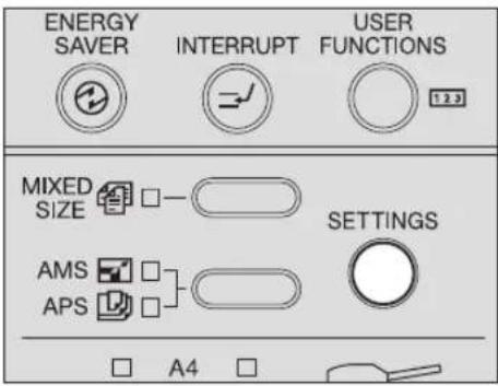 ENERGY SAVER INTERRUPT USER FUNCTIONS MIXED SIZE □— SETTINGS AMS APS □— A4 □