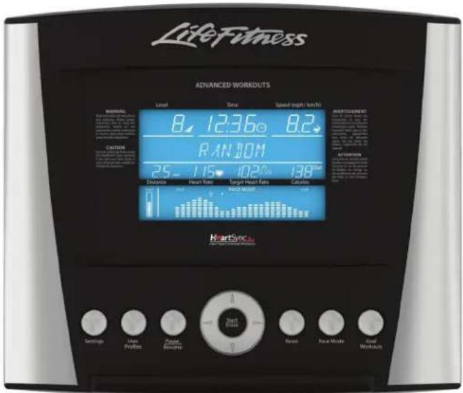 LifeFitness ADVANCED WORKOUTS Level Time Speed (mph / km/h) PRETOLER 8. 12:36° 8.2 RAN 10M 25° 115° 102° 138° Distance Heart Rate Target Heart Rate Calorico HeartSync Settings Use Profile Place Balance Heart Rate Reset Race Mode Good WORKOUTS