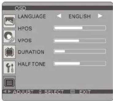 QSD LANGUAGE ENGLISH HPOS VPOS DURATION HALF TONE ADJUST SELECT EXIT