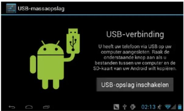 USB-massaopslag USB-verbinding U heeft uw telefoon via USB op uw computer aangesloten. Raak de onderstaande knop aan als u bestanden tussen uw computer en de SD-kaart van uw Android wilt kopieren. USB-opslag inschakelen