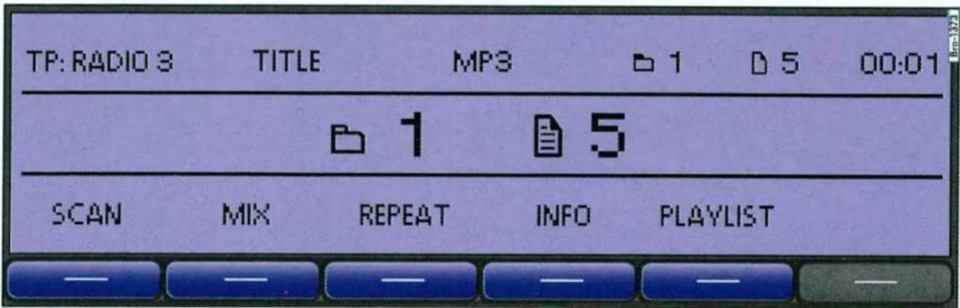 TP: RADIO 3 TITLE MP3 1 5 00:01 1 5 SCAN MIX REPEAT INFO PLAYLIST