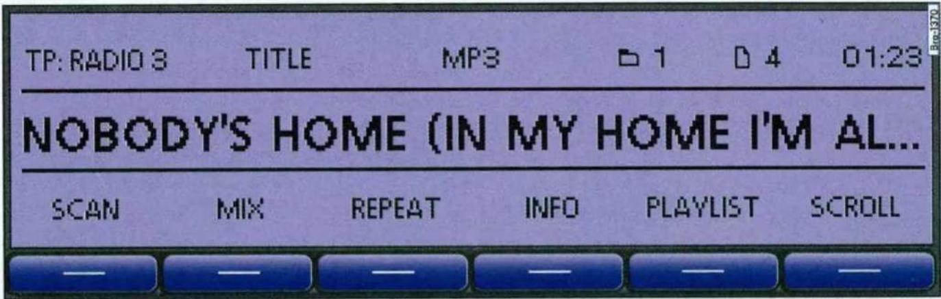 TP: RADIO 3 TITLE MP3 0 1 D 4 01:23 NOBODY'S HOME (IN MY HOME I'M AL... SCAN MIX REPEAT INFO PLAYLIST SCROLL