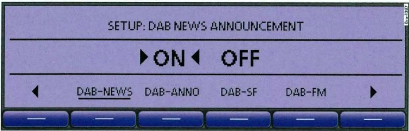 SETUP: DAB NEWS ANNOUNCEMENT ►ON◄ OFF ◄ DAB-NEWS DAB-ANNO DAB-SF DAB-FM ►