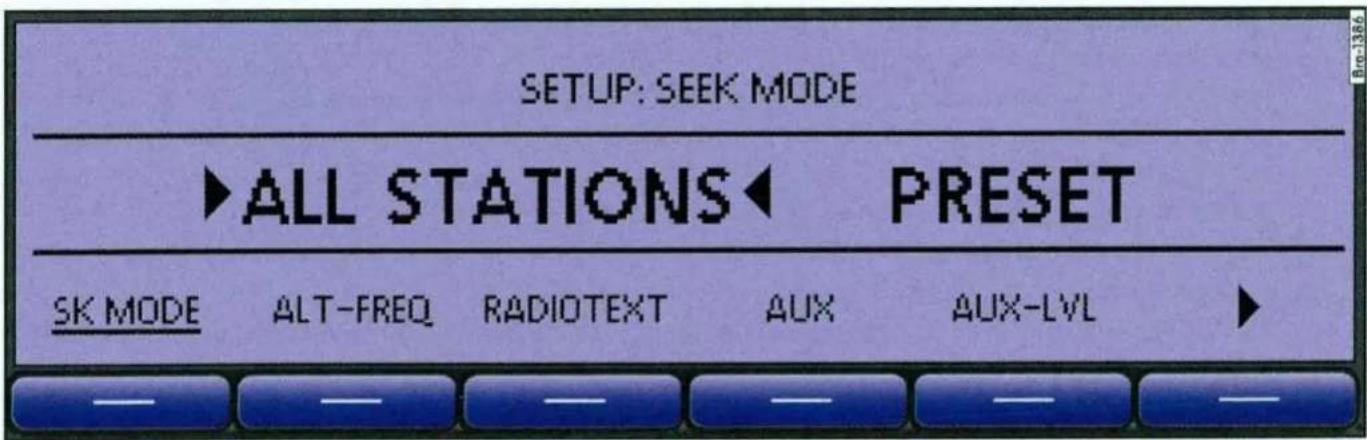 SETUP: SEEK MODE ►ALL STATIONS◄ PRESET SK MODE ALT-FREQ RADIOTEXT AUX AUX-LYL ►