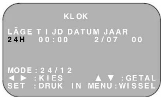 KLOK LÄGE T I JD DATUM JAAR 24H 00:00 2/07 00 MODE : 24/12 ◀ ▶ : KIES ▲ ▼ : GETAL SET : DRUK IN MENU : WISSEL