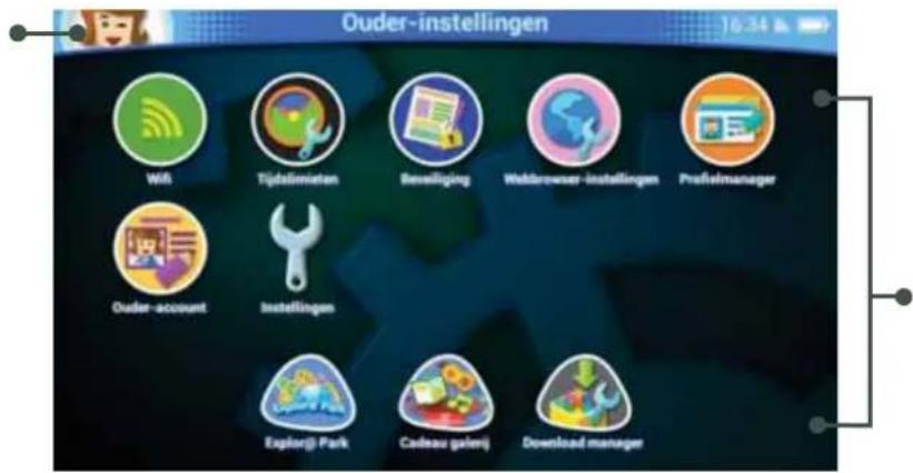 Ouder-instellingen Web Tijdstimaten Beverliging Webbrowser-instellingen Profielmanager Ouder-account Instellingen Explor@ Park Cadieu galerij Download manager