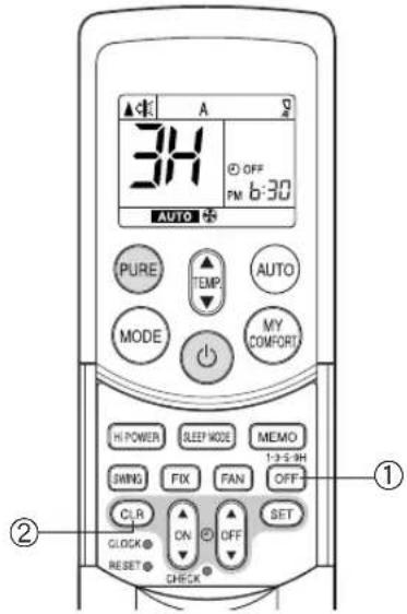 34 OFF PM 6:30 AUTO + PURE TEMP AUTO MODE MY COMFORT HI POWER SLEEP MODE MEMO 1-3-5-9H SWING FIX FAN OFF CLR ON OFF SET CLOCK RESET CHECK ① ②