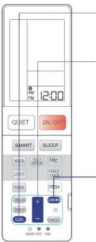 AM PM 12:00 QUIET ON/OFF SMART SLEEP HEALTH HEALTH LIGHT CHILD LOCK POWER FRESH TIMER ON CONFIRM TIMP OF CANCEL ONLINE RESET CODE